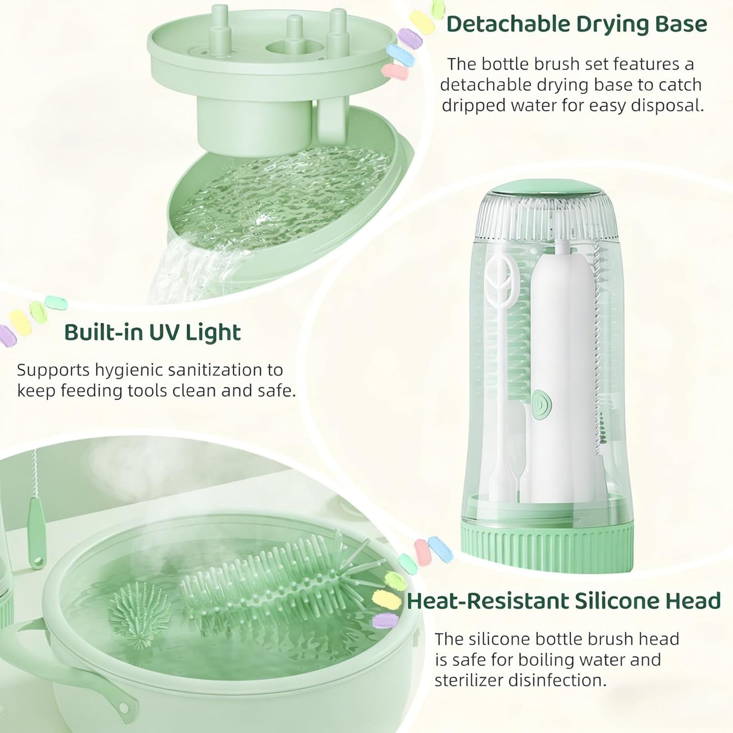 Portable Electric Silicone Bottle Brush Set, 7-in-1 UV LIGHT USB Charging, Nipple/Straw Cleaner, Milk Mixer, Built-in Drying Rack & Storage Case, BPA-Free, IPX7, On-the-Go for New Parents (Blush)