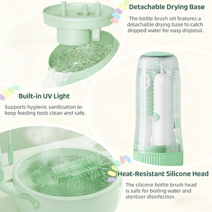 Portable Electric Silicone Bottle Brush Set, 7-in-1 UV LIGHT USB Charging, Nipple/Straw Cleaner, Milk Mixer, Built-in Drying Rack & Storage Case, BPA-Free, IPX7, On-the-Go for New Parents (Blush)
