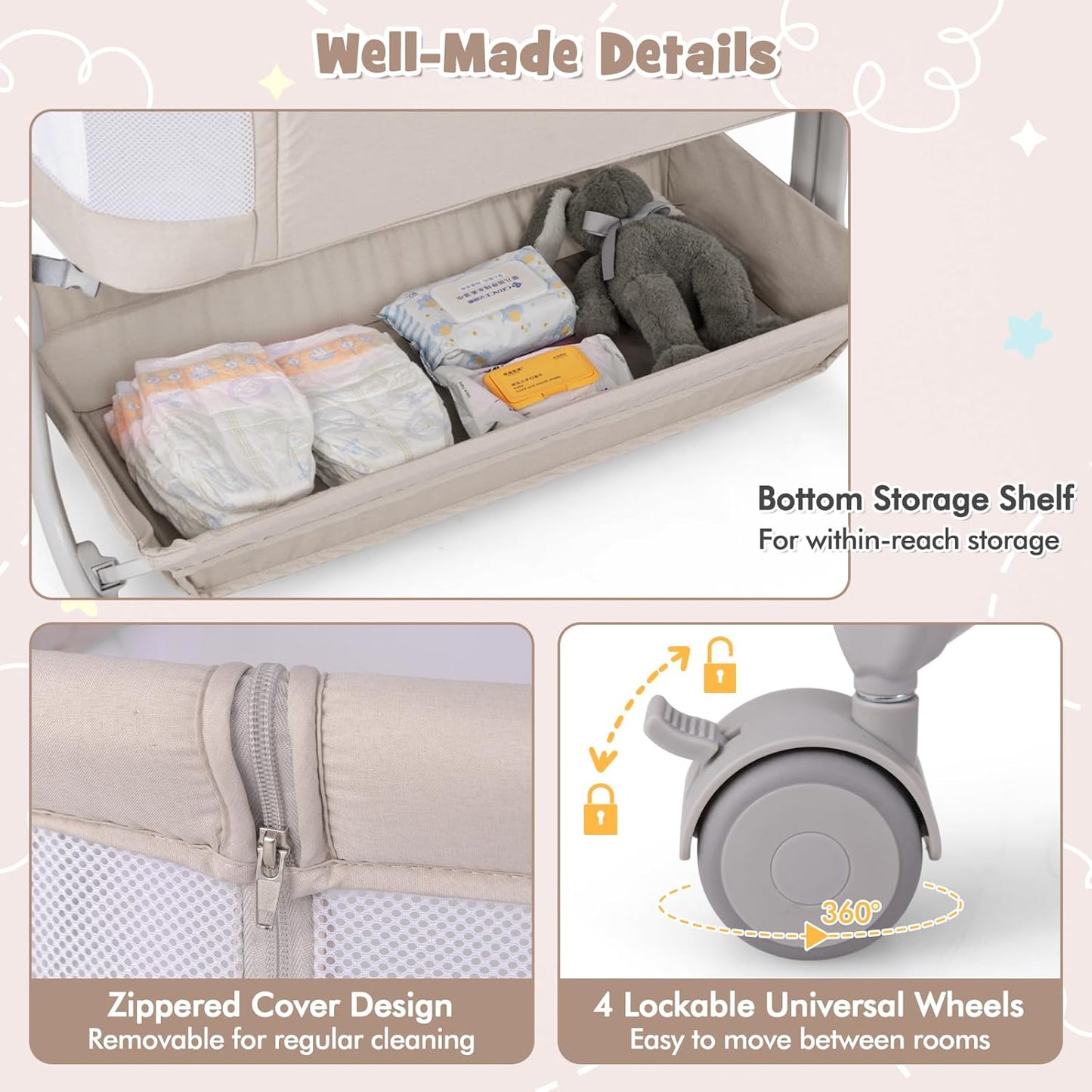 BABY JOY Bassinet, Bedside Crib w/ 6-Level Adjustable Height, Storage Shelf, Wheels, Mattress & Carry Bag for Safe Co-Sleeping, Folding Bassinet Bedside Sleeper for Newborn Infants (Gray)