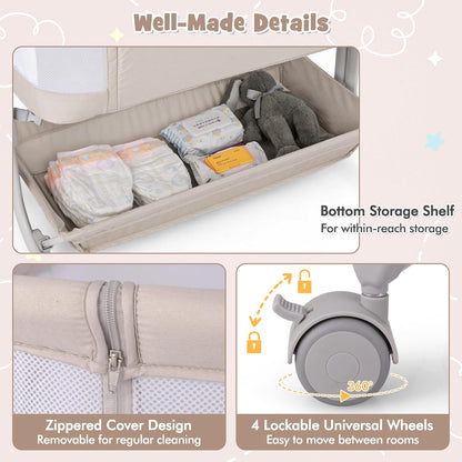 BABY JOY Bassinet, Bedside Crib w/ 6-Level Adjustable Height, Storage Shelf, Wheels, Mattress & Carry Bag for Safe Co-Sleeping, Folding Bassinet Bedside Sleeper for Newborn Infants (Gray)