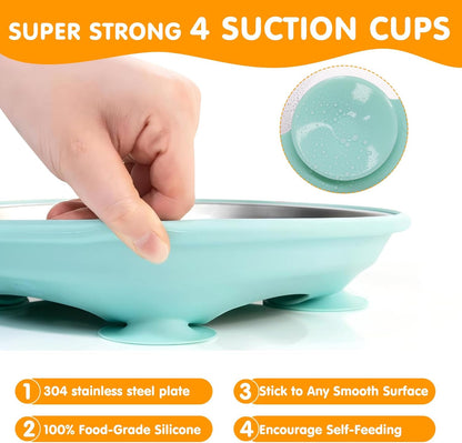 Stainless Steel Toddler Plates with Suction, 4 Pack Kids Baby Plates Set with Sturdy Silicone Suction Base Easy to Clean 9 inch