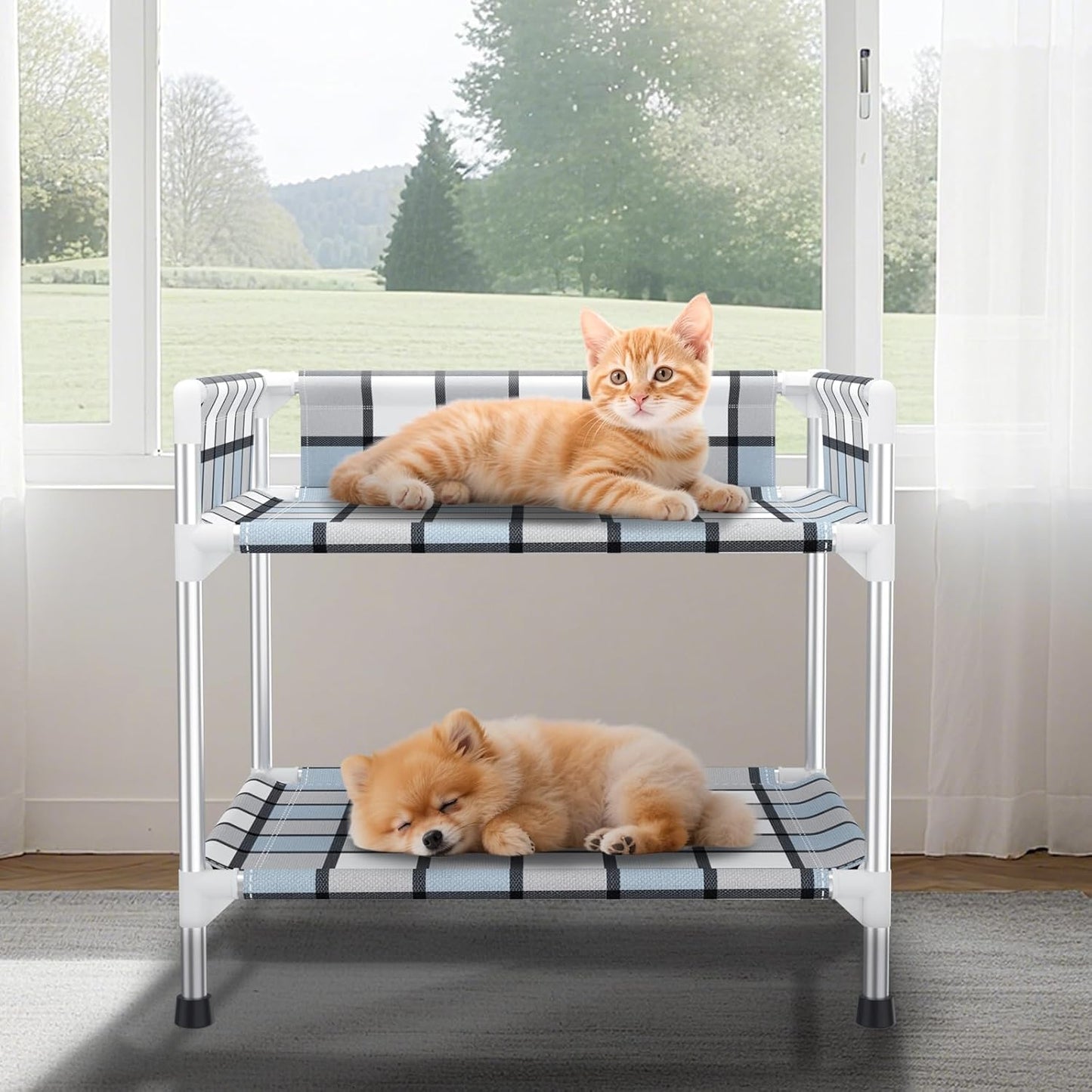 Bedside Window Dog Bunk Bed - Double Elevated Human Dog Bed with Guardrail 2 Layers Window Perch Dogs Cot 2-Tier Bedside Sleeper for Multi-Pet Households (34'' x 20'' x 25'')