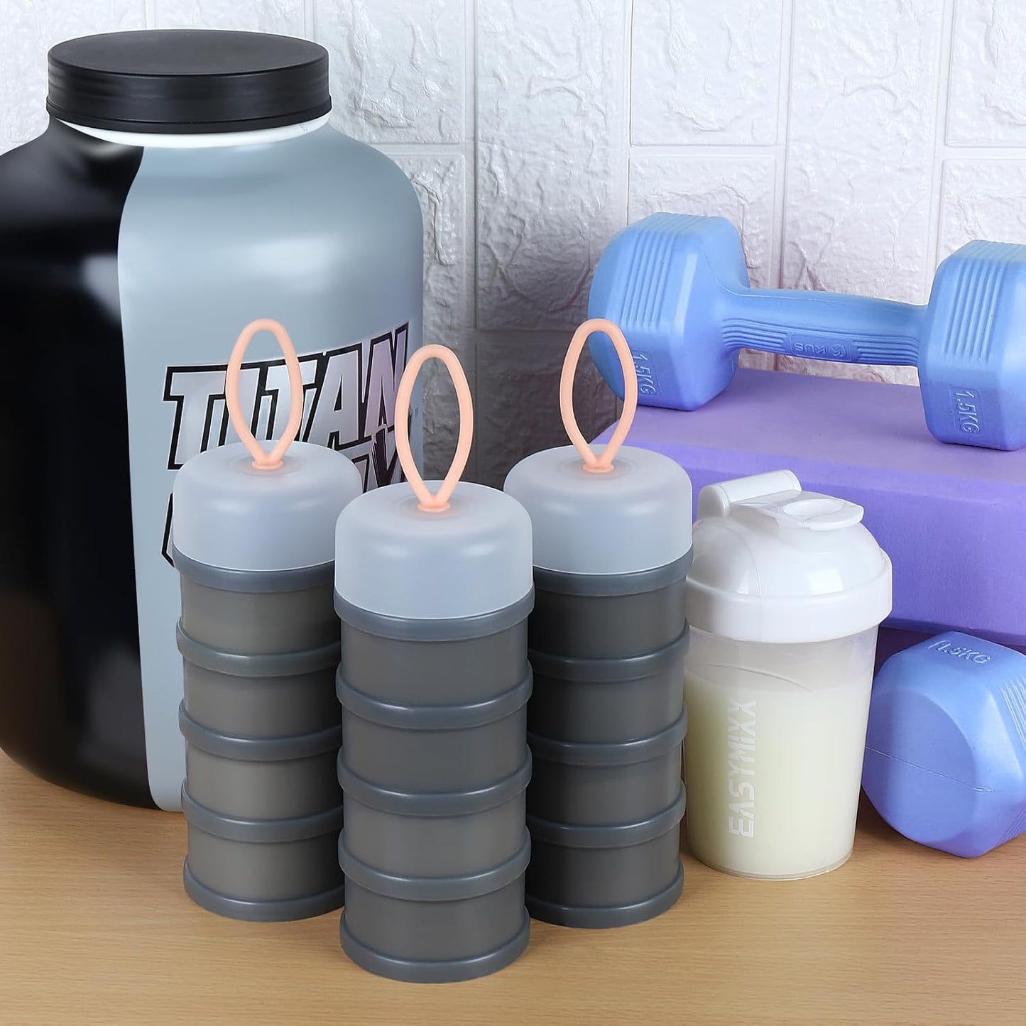 Accmor 2 Pcs Protein Powder Container to Go with Funnels Stand, 4 Compartments Stackable Protein Powder Dispenser for Workout, Fitness, Travel