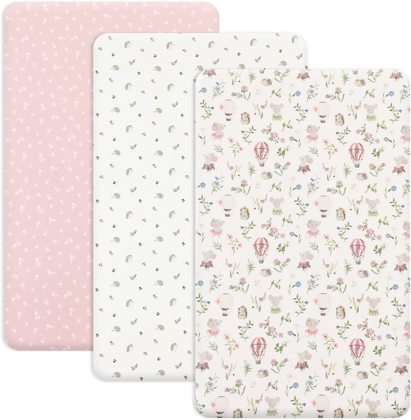 PHF 3 Pack Soft Mini Crib Sheets, Floral & Animal Pack N Play Sheets for Baby Boys Girls, No Slip Universal Fit for Pack N Play, Playard, Portable and Mini Crib Mattresses,Floral & Animal