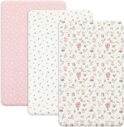 PHF 3 Pack Soft Mini Crib Sheets, Floral & Animal Pack N Play Sheets for Baby Boys Girls, No Slip Universal Fit for Pack N Play, Playard, Portable and Mini Crib Mattresses,Floral & Animal