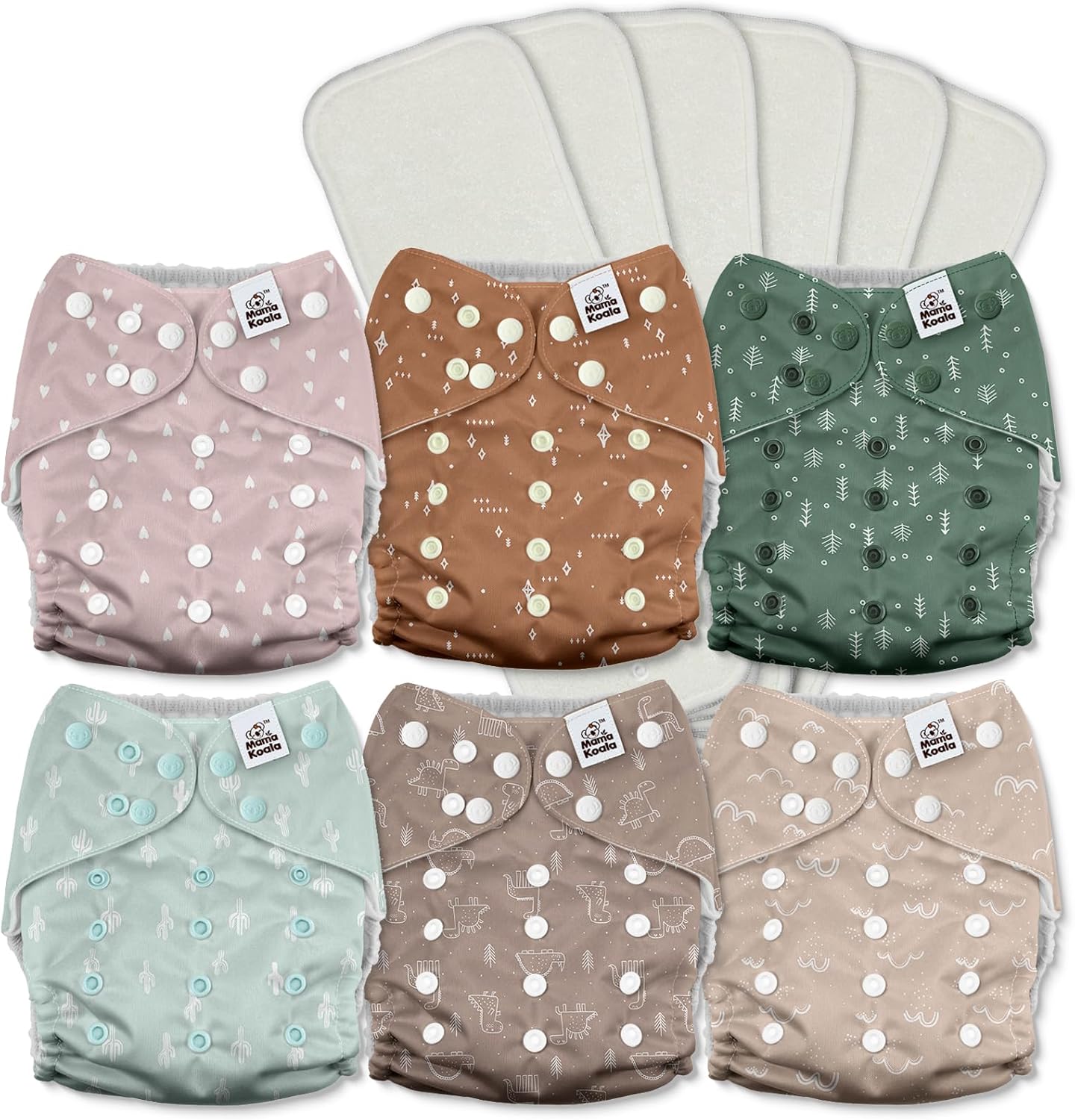 Mama Koala 3.0 Pocket Cloth Diapers for Babies with AWJ Lining, 6 Pack with 6 4-Layer Natural Cloth Diaper Inserts - Reusable and Washable Pocket Diapers(Hardworking Bees) - Colors B