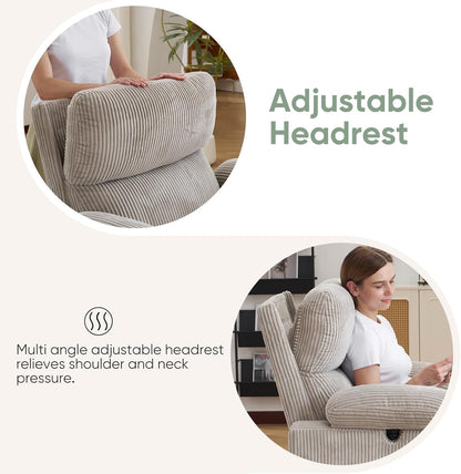 Rocking Chair Nursery with Adjustable Armrest for Breastfeeding, Glider Recliner Nursery Chair with Massage and Heat, Power Swivel Rocker Recliner with Adjustable Headrest, Corduroy, Beige