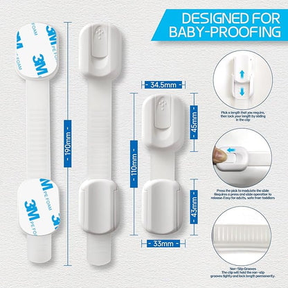 Child Safety Cabinet Locks, 8-Pack, Easy Install with 3M Adhesive, No Screws or Drilling, Multi-Purpose Latches for Cabinets, Drawers, Doors, Kitchen, Ovens, Toilets
