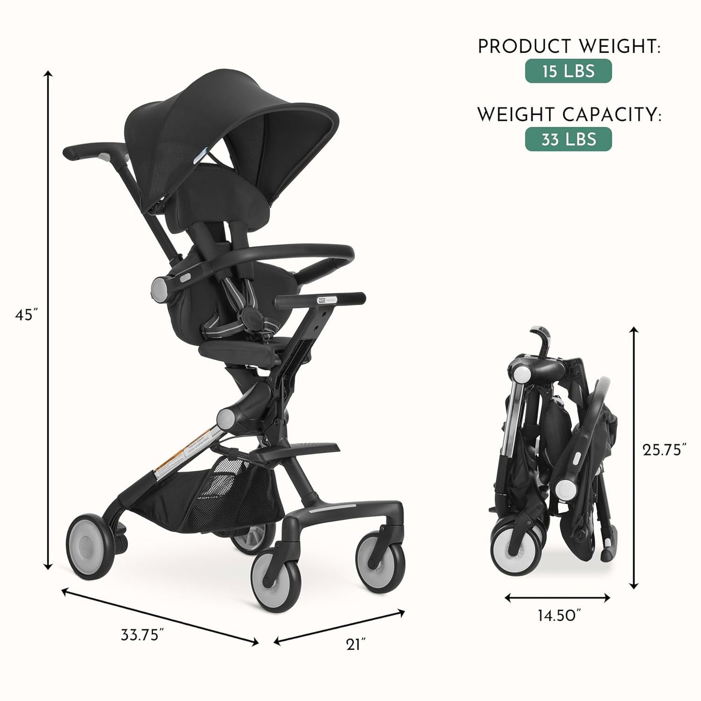 Evolur Velo Rider Travel Stroller – Compact, Lightweight Umbrella Stroller for Toddlers 6–36 Months, One-Hand Fold, Footrest, Rear Platform, 5-Point Harness, Portable & Travel-Friendly