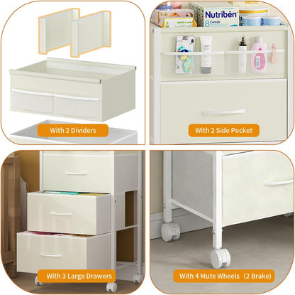 4-Tier Baby Diaper Caddy Organizer Cart with 3 Storage Drawers, Rolling Cart with Dividers & Side Pockets for Nursery, Baby Essentials, Toys, Wipes & Creams, Portable Kids Storage Cart & Station
