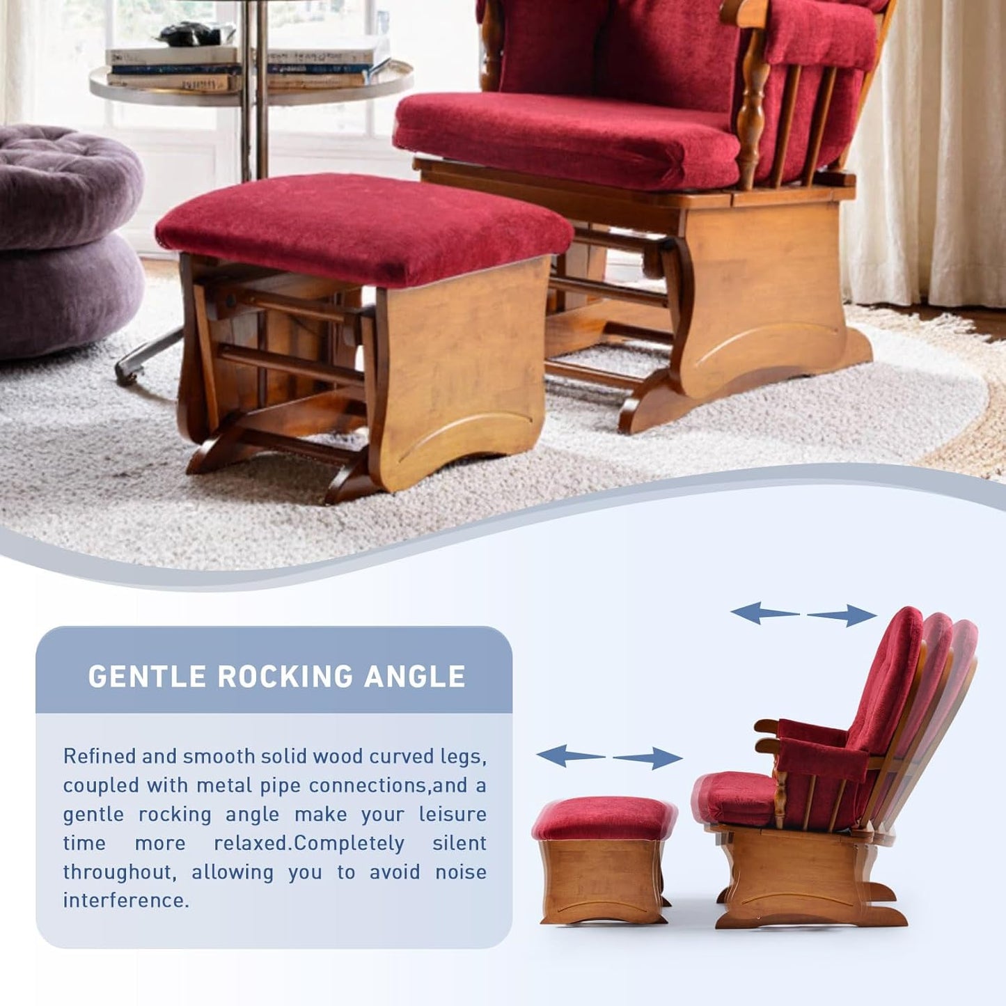 Rustic Rubber Wood Glider and Ottoman Set, Nursery Glider Chair for Breastfeeding and Relaxing, Comfortable Rocking Chair for Living Room and Bedroom（Tan）