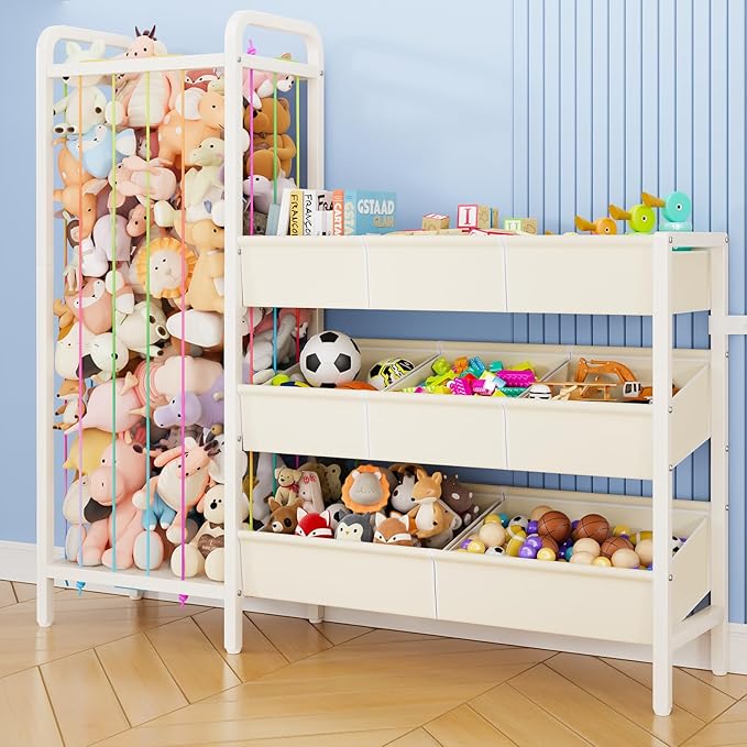B6 Toy Storage Organizer with Stuffed Animal Storage, 3-Tier Wooden Shelves and 8 Bins, Toy Shelf Organizer, Kids Bookshelf and Toy Storage for Kids Room, Bedroom, Playroom, Nursery, White