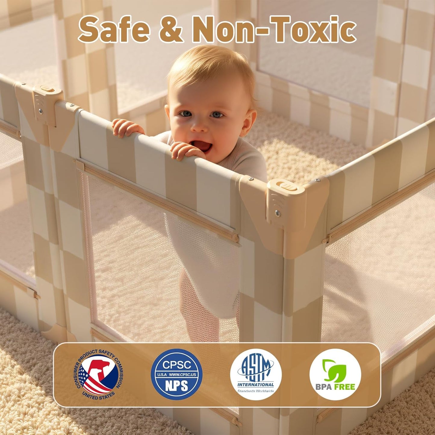 Baby Playpen for Babies and Toddlers, Upgraded 50x50 Inch Foldable No Assembly Required Play Yard with Breathable Mesh, Safe Playard with Gate, Indoor & Outdoor Infants Play Pen (1pc-Sand Checks)