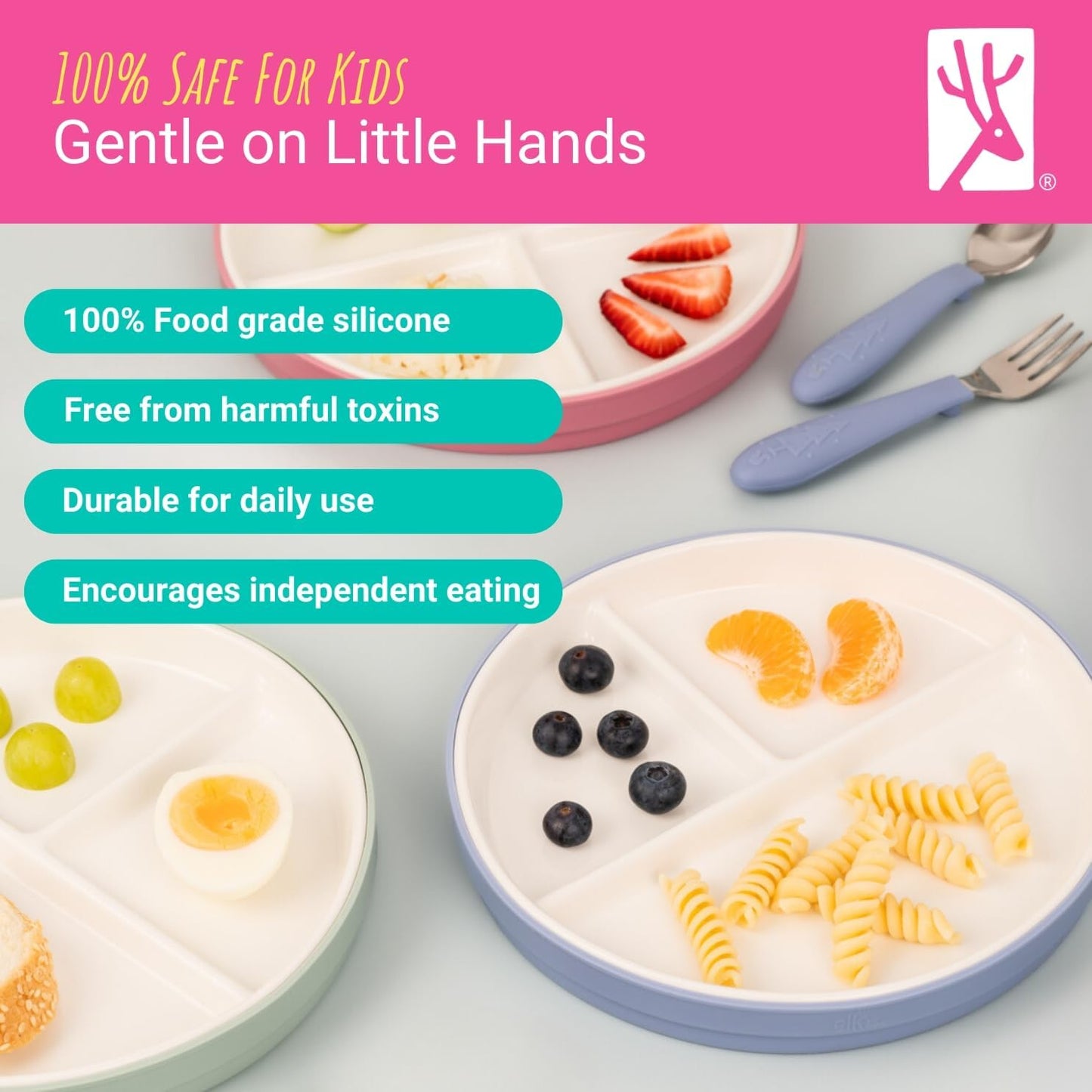 Elk and Friends Kids 7.8” Porcelain Divided Plates with Silicone Sleeves | Suitable for Babies/Kids/Toddlers | Microwave & Dishwasher Safe | Non Slip | Snack Dishes