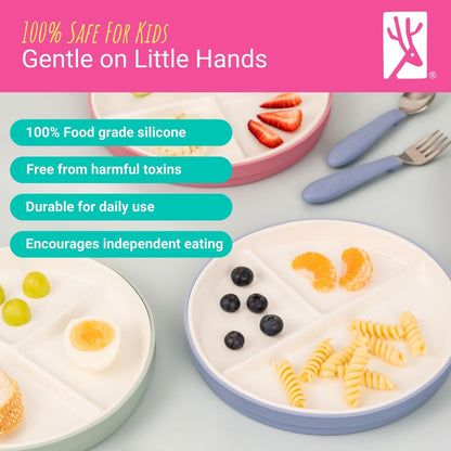 Elk and Friends Kids 7.8” Porcelain Divided Plates with Silicone Sleeves | Suitable for Babies/Kids/Toddlers | Microwave & Dishwasher Safe | Non Slip | Snack Dishes