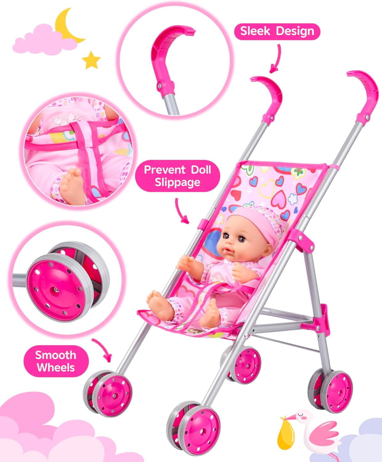 GAGAKU Baby Doll Stroller for Toddlers, Foldable Toy Stroller with Storage Basket and Bag, Diapers - Reborn Doll Accessories for Girls & Kids Ages 3+, Pink