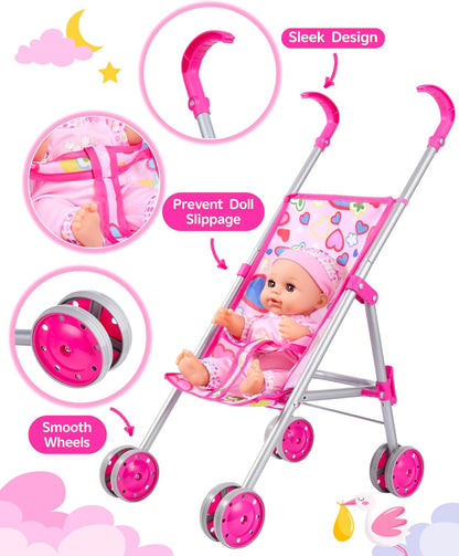 GAGAKU Baby Doll Stroller for Toddlers, Foldable Toy Stroller with Storage Basket and Bag, Diapers - Reborn Doll Accessories for Girls & Kids Ages 3+, Pink