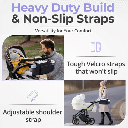 Universal Stroller Organizer - Multifunctional Stroller Caddy With Cup Holders - Non Slip Straps For All Strollers - Easy To Use