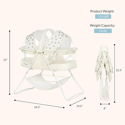 Dream On Me Karley Bassinet, Award Winner Lightweight Travel Baby Bassinet, Foldable Bedside Sleeper, Adjustable Double Canopy, Spacious Design, Soft Fabric, Storage Basket – Blue and Grey