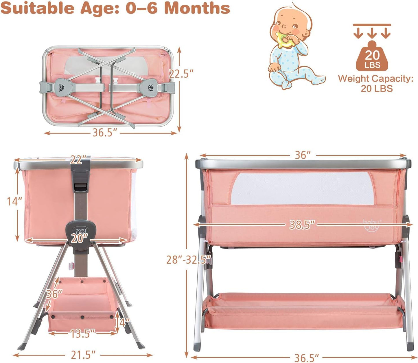 BABY JOY Bedside Bassinet, Portable Baby Crib w/Mattress, Two-Side Breathable Mesh, 7 Height Adjustable, Large Storage, Wheels for Easy Movement, Crib for Newborn Infant, Bassinet for Baby, Pink