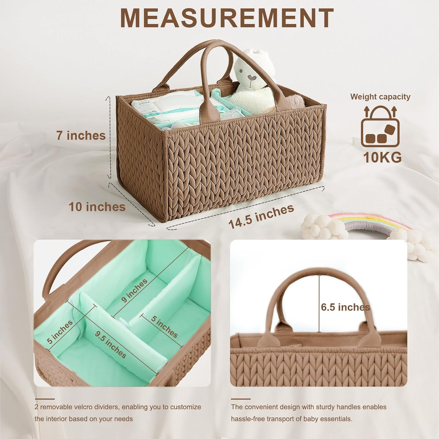 MOMINSIDE Diaper Caddy Organizer, Baby Basket Nursery Storage, Portable Changing Table Car caddy organizer for Girl Boy, Baby Registry Baby Shower Gifts, Newborn Essentials(Brown), FA231103-2N