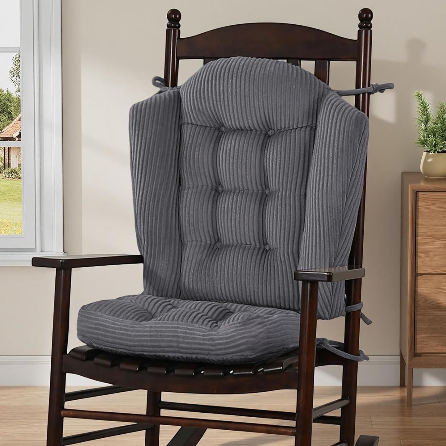 idee-home Wingback Rocking Chair Cushions Indoor, Glider Rocker Replacement Cushions with Removable Corduroy Cover, Wooden Adirondack Chair Pad Non-Slip Bottom Tufted Seat Pads with Ties, Green