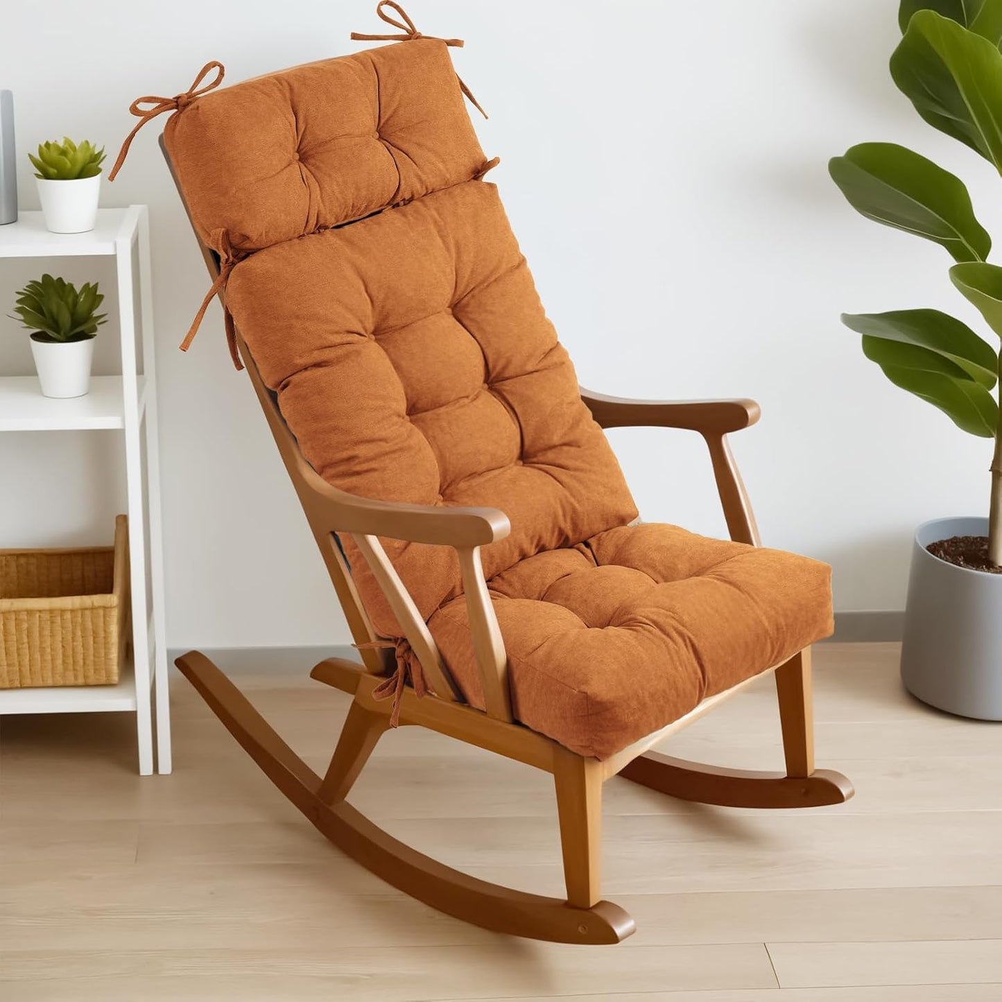 Millsilo Rocking Chair Cushions 3-Piece Set with Neck Pillow, Indoor Rocker Comfortable Tufted Non-Slip Pads with Ties, High-Density Foam Cushion for Adirondack Glider Chair, Orange, 52 x 19 x 4 Inch