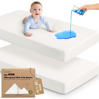 2-Pack Waterproof Pack and Play Sheets, Mini Crib Sheets Fitted for Boy, Girl - 38 x 26 Viscose from Bamboo Pack N Play Mattress Sheets for Graco, Toddler Playard Baby Crib Sheets Neutral (Blue Flax) - Colors B