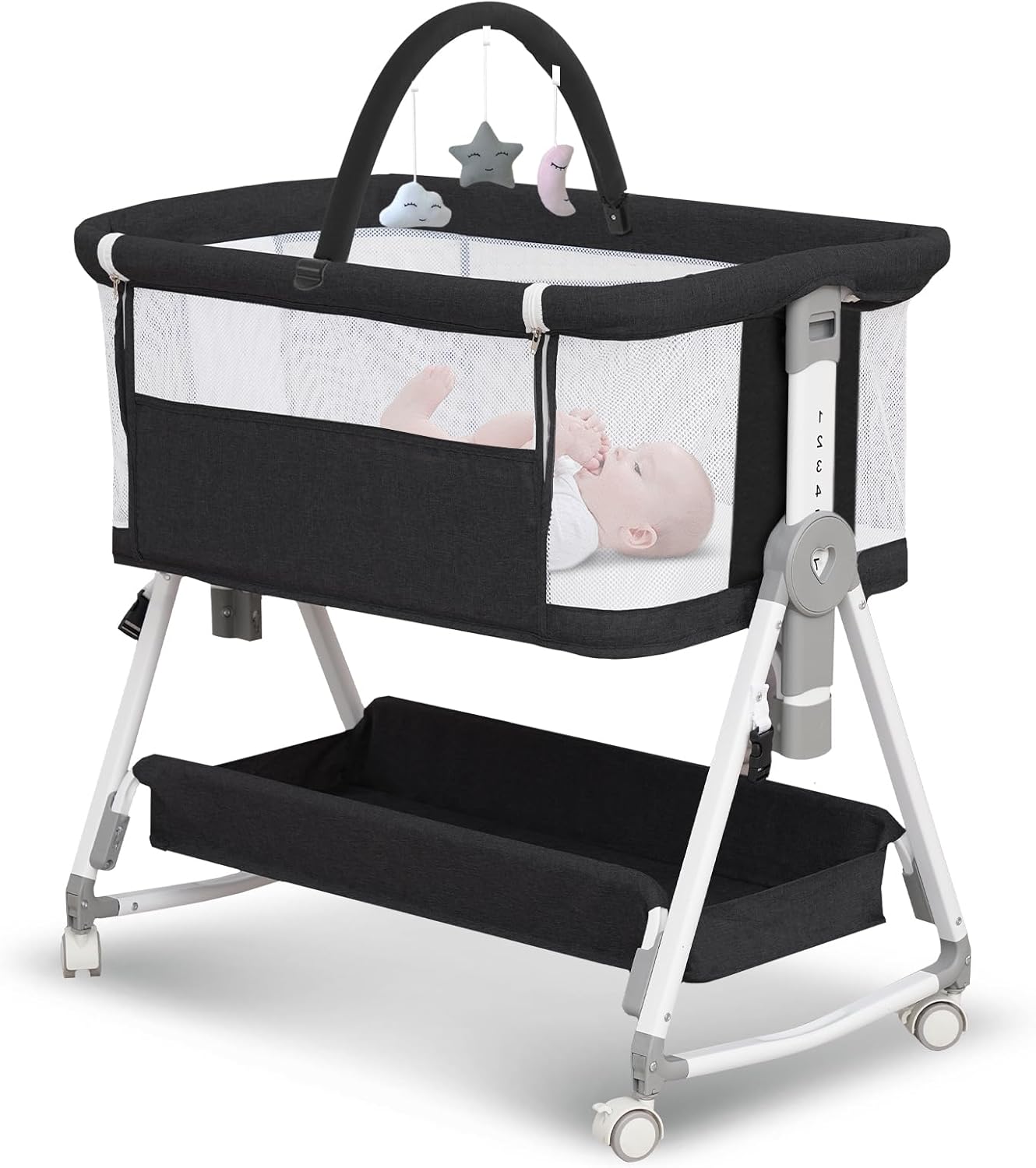 Baby Bassinet,3 in 1 Bedside Bassinet for Baby with Hanging Toys,Foldable Baby Bassinets Bedside Sleeper,4-Sided Mesh Bedside Crib with Wheels and Storage Basket,6 Height Adjustable (Light Grey)
