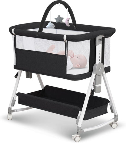 Baby Bassinet,3 in 1 Bedside Bassinet for Baby with Hanging Toys,Foldable Baby Bassinets Bedside Sleeper,4-Sided Mesh Bedside Crib with Wheels and Storage Basket,6 Height Adjustable (Light Grey)