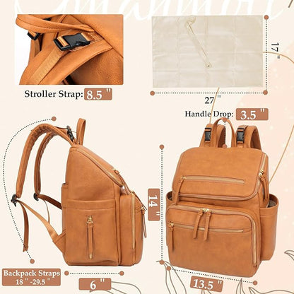 Omanmoli Diaper Bag Backpack Large Baby Diaper Bag Leather with 17 Diaper Bag Organizing Pouches,Changing Pad,Stroller Straps,4 Insulated Pockets,Honey