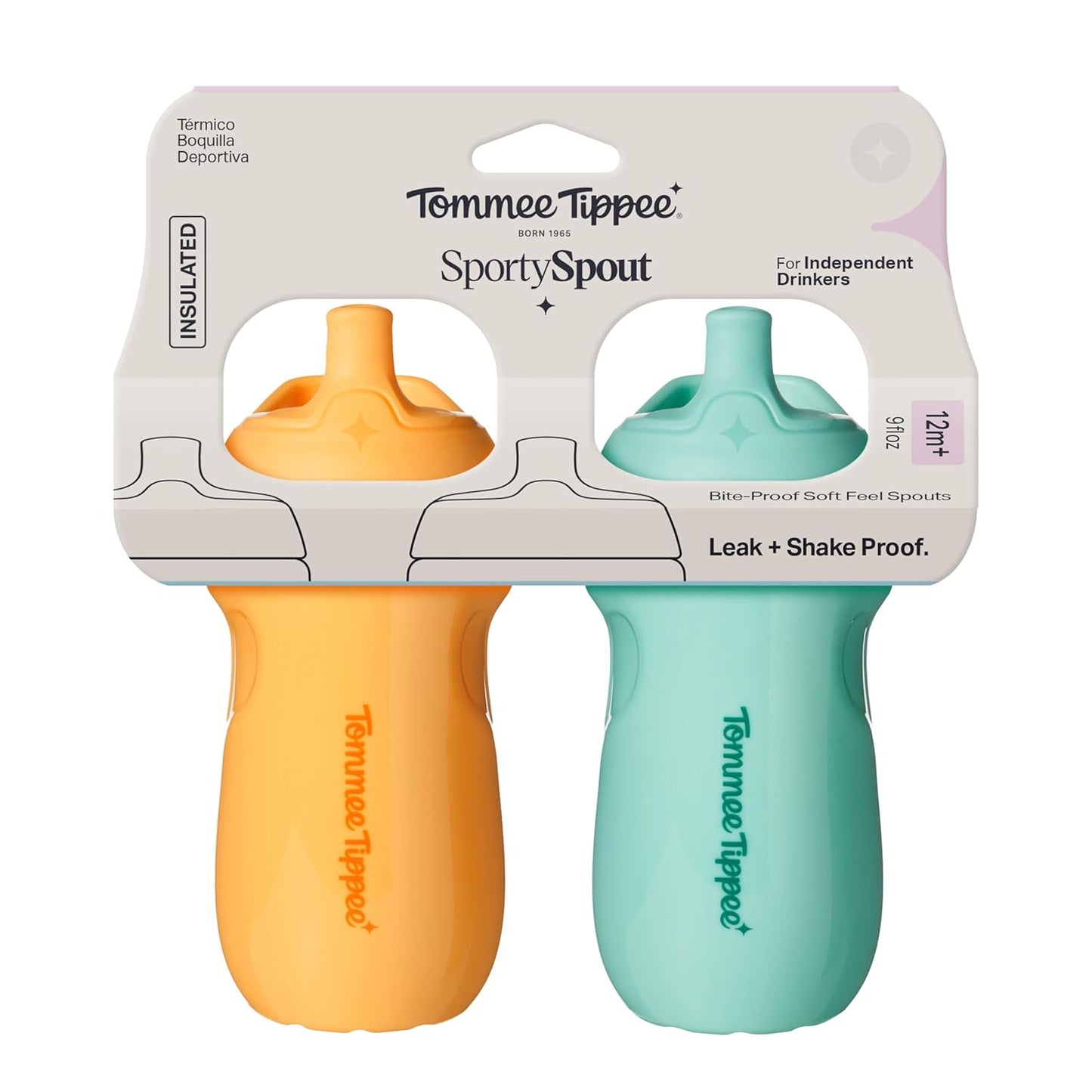 Tommee Tippee Insulated 9oz Sporty Spout Toddler Water Bottle, No Spill, Sippy Cups for Toddlers 1-3, Two-Piece Valve Helps Stop Spills, Green & Teal, BPA Free, Pack of 2