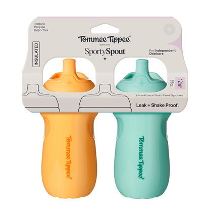 Tommee Tippee Insulated 9oz Sporty Spout Toddler Water Bottle, No Spill, Sippy Cups for Toddlers 1-3, Two-Piece Valve Helps Stop Spills, Green & Teal, BPA Free, Pack of 2
