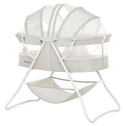 Dream On Me Karley Bassinet, Award Winner Lightweight Travel Baby Bassinet, Foldable Bedside Sleeper, Adjustable Double Canopy, Spacious Design, Soft Fabric, Storage Basket – Blue and Grey
