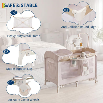 4 in 1 Baby Playard, Portable Bedside Crib with Rocking Bassinet & Diaper Changer, Infant Pack and Play with Mattress, Large Toddler Playpen, Newborn Changing Table, Storage Pocket & Rotating Toy Bar