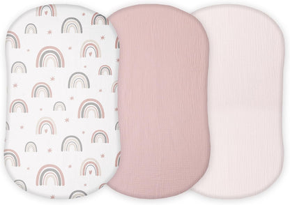 Muslin Bassinet Sheets for Angelbliss, Cowiewie, Amke, Jimglo, Suihuooo, Wayfong Baby Bassinet Bedside Sleeper by TansyPanda, 3PC, 20×33in, Ultra Soft, Breathable, Snug Fit, Unisex Boys Girls, Maadi