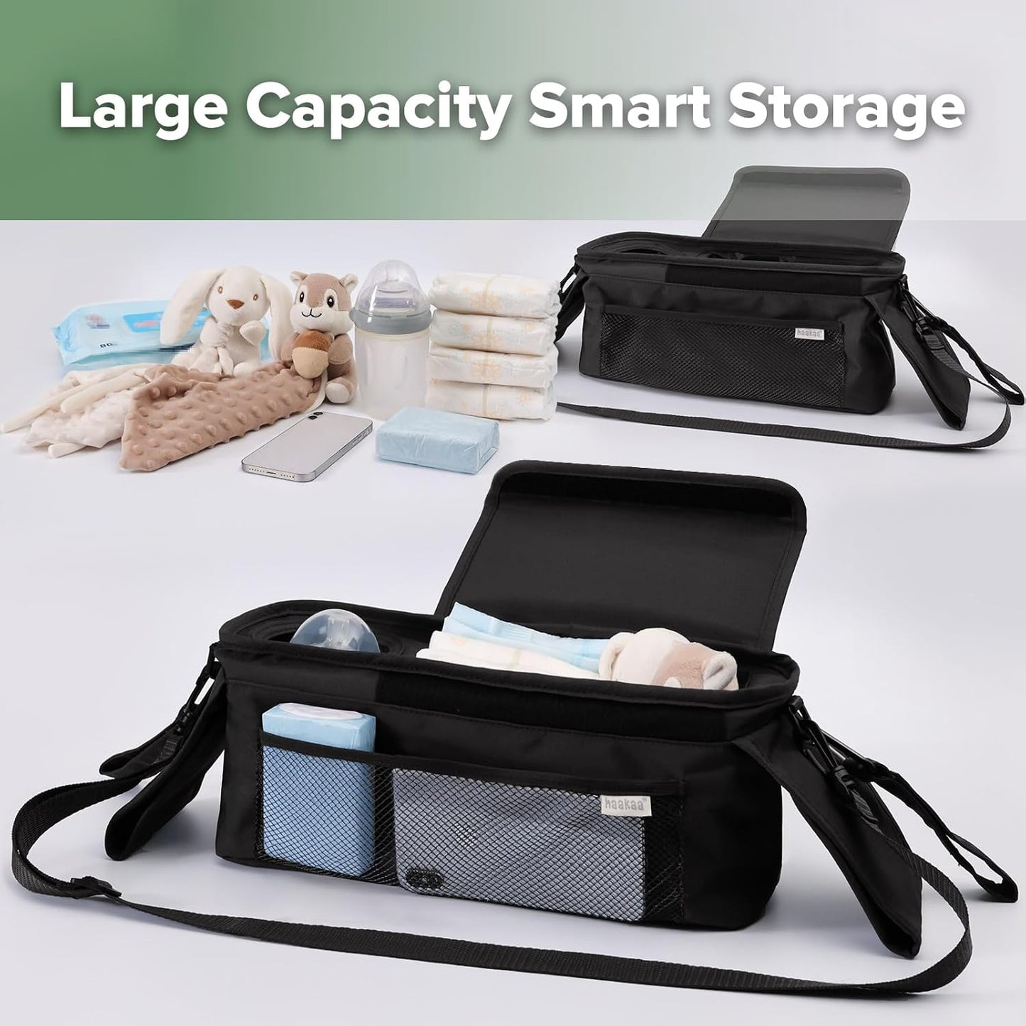 haakaa Universal Stroller Organizer - Black, Single Cup Holder, Stroller Caddy Accessories with Shoulder Strap & Extra Non-Slip Stroller Hook, Fits Most Strollers