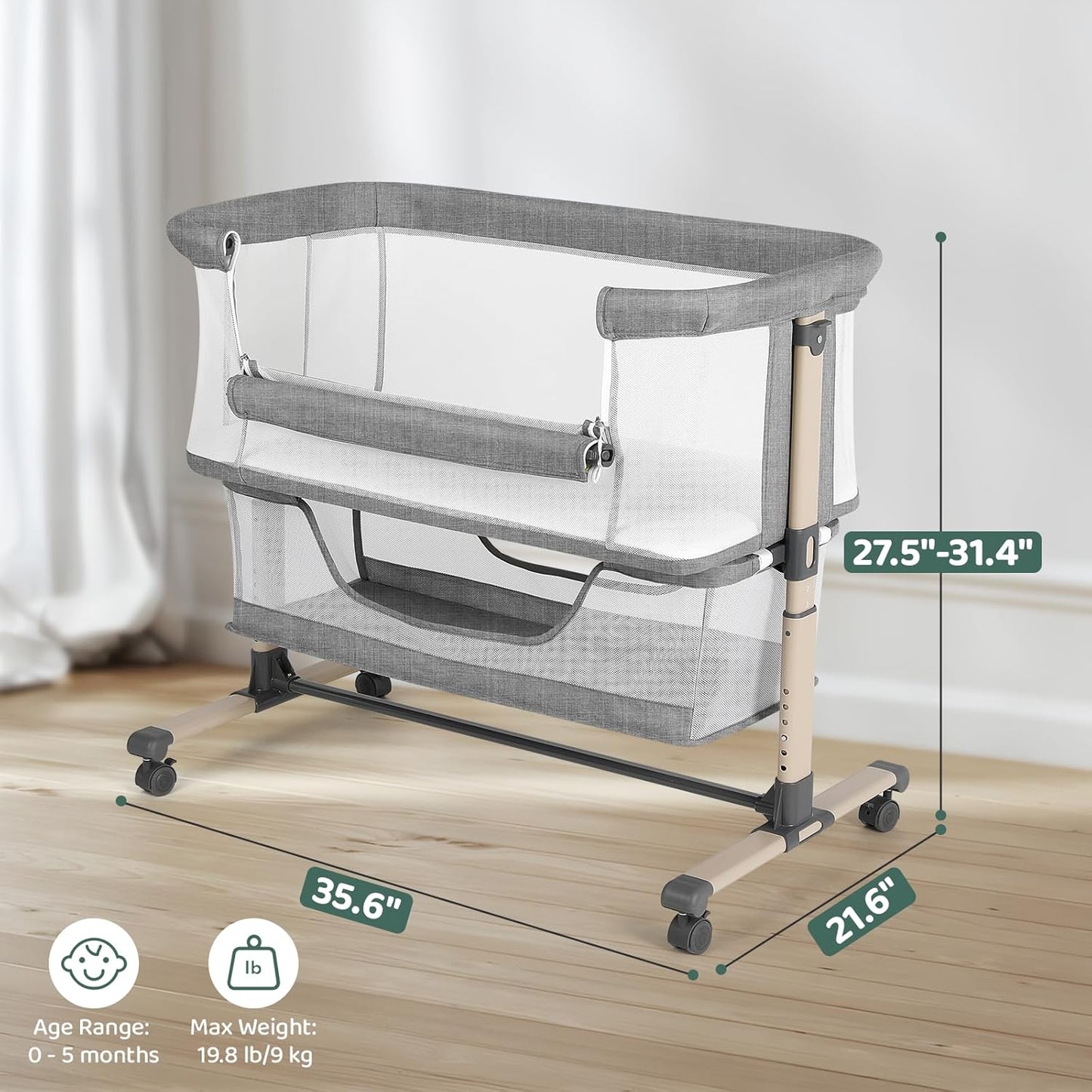 Cowiewie Bassinet Bedside Sleeper, Portable, Breathable, Adjustable Baby Bedside Bassinet for Peaceful Nights, Light Grey