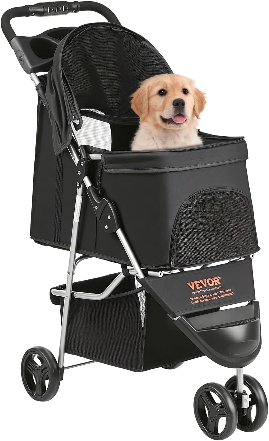 VEVOR Pet Stroller, 44 lbs Weight Capacity, Foldable Dog Cart, 4 Wheels Cats Stroller with Mesh Windows & Revrsible Handle, Portable Pet Carrier with Brake, for Small to Medium Pets