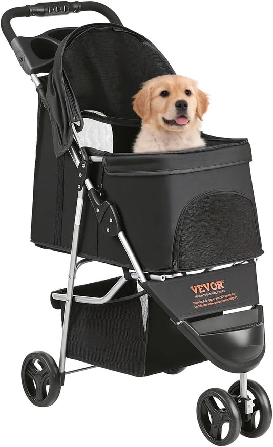 VEVOR Pet Stroller, 44 lbs Weight Capacity, Foldable Dog Cart, 4 Wheels Cats Stroller with Mesh Windows & Revrsible Handle, Portable Pet Carrier with Brake, for Small to Medium Pets
