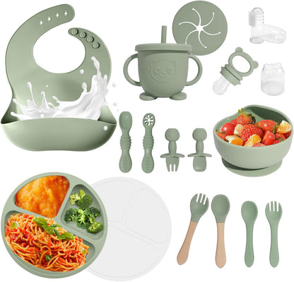 Baby Led Weaning Supplies, 17 Piece BPA-Free Silicone Feeding Set, Eating Essentials Baby Utensils with Suction Plate and Bowl, Pocket Bib, Sippy Cup with Lid, for 6+ Months, Blue
