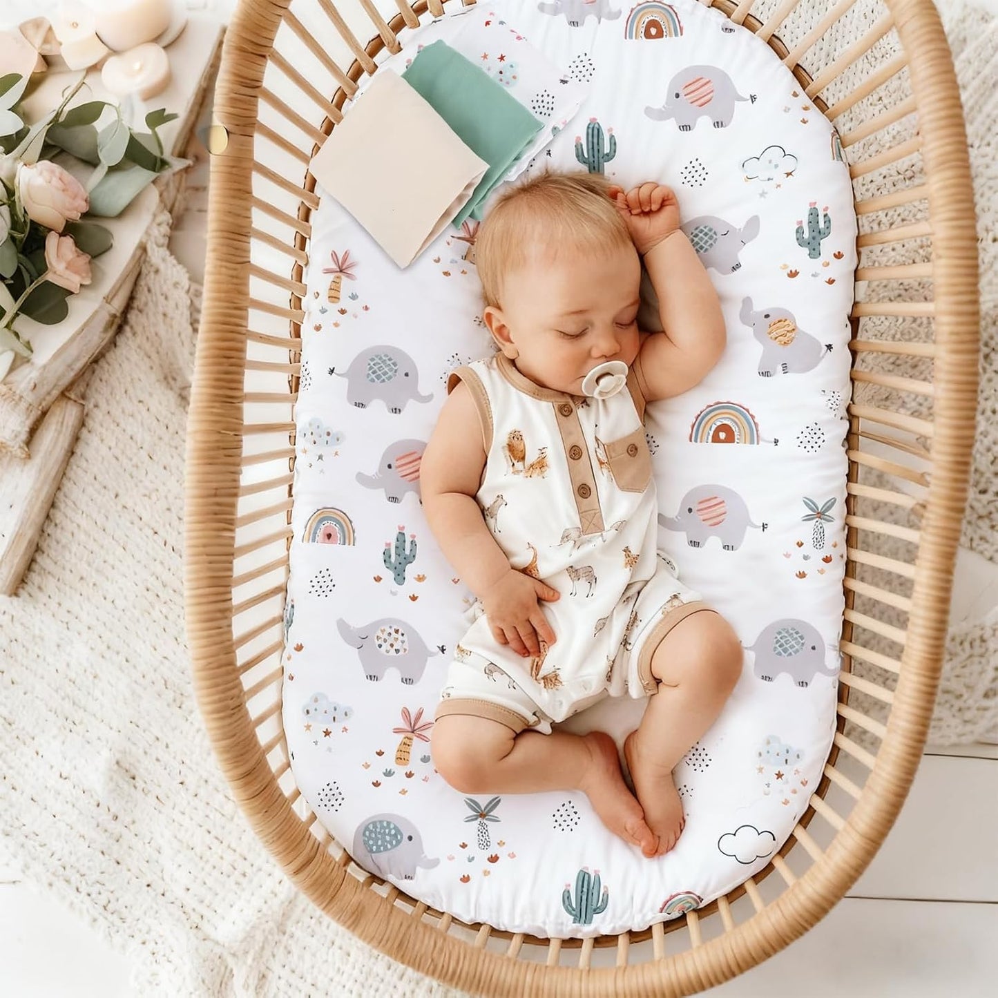 3 Pack Stretchy Bassinet Sheets 20" x 33" Compatible with Baby Delight, Angelbliss, Maxi-COSI & Most Regular Size Bedside Sleeper- Soft Breathable Fitted Bassinet Sheets for Baby - Yellow & Flower