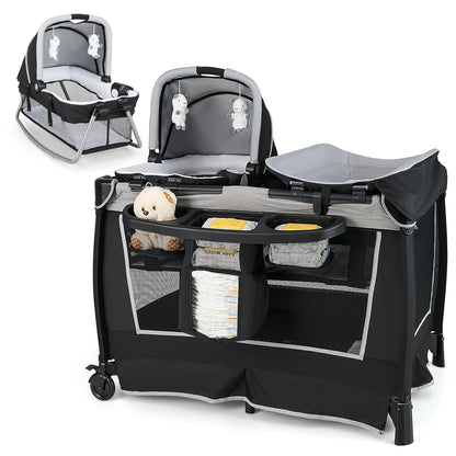 HONEY JOY Pack and Play, 5 in 1 Portable Infant Playpen with Bassinet & Changing Table, Storage Bag, Music Box, Toys, Carry Bag, Nursery Center, Baby Playard Pack n Play Crib for Boys Girls
