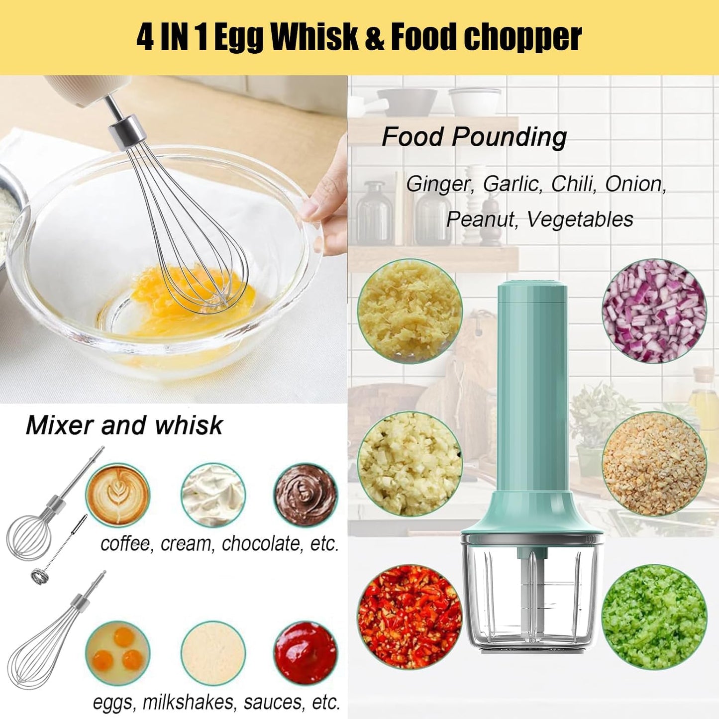 Hand Mixer with Whisk and Forther Wand,Electric Whisk, Milk Frother, Hand Held Mixers,Cordless Hand Mixer, Whisks for Cooking, Mini Mixer,Stirrers Electric,Food Chopper, Baby Food Maker,4-Speed, 10Oz