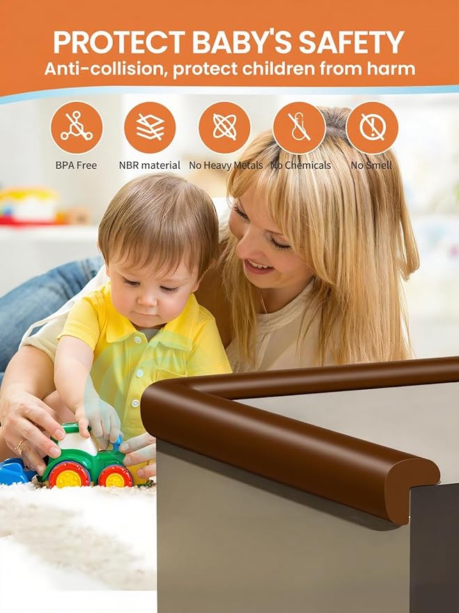Baby Proof Edge Corner Protector, 6.56FT 0.47''Th L-Shape Furniture Corner & Edge Safety Bumper with 6 Corners, Pre-Taped, Soft NBR Rubber Foam Desk Edge Cushion Wall Corner Protector (Coffee)