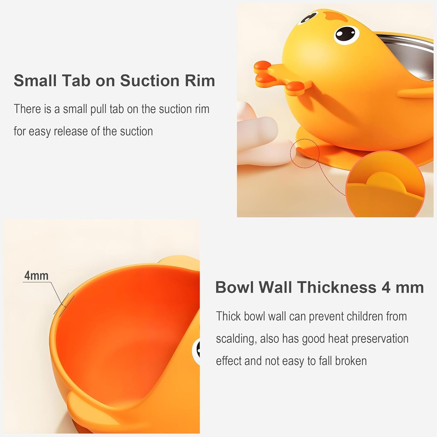 ENERGEVITY Suction Bowls Set for Baby Feeding，Silicone Suction Baby Bowl and Food-Grade 304 Stainless Steel Bowl with Fork and Spoon,Dishwasher Safe (Yellow Duck)