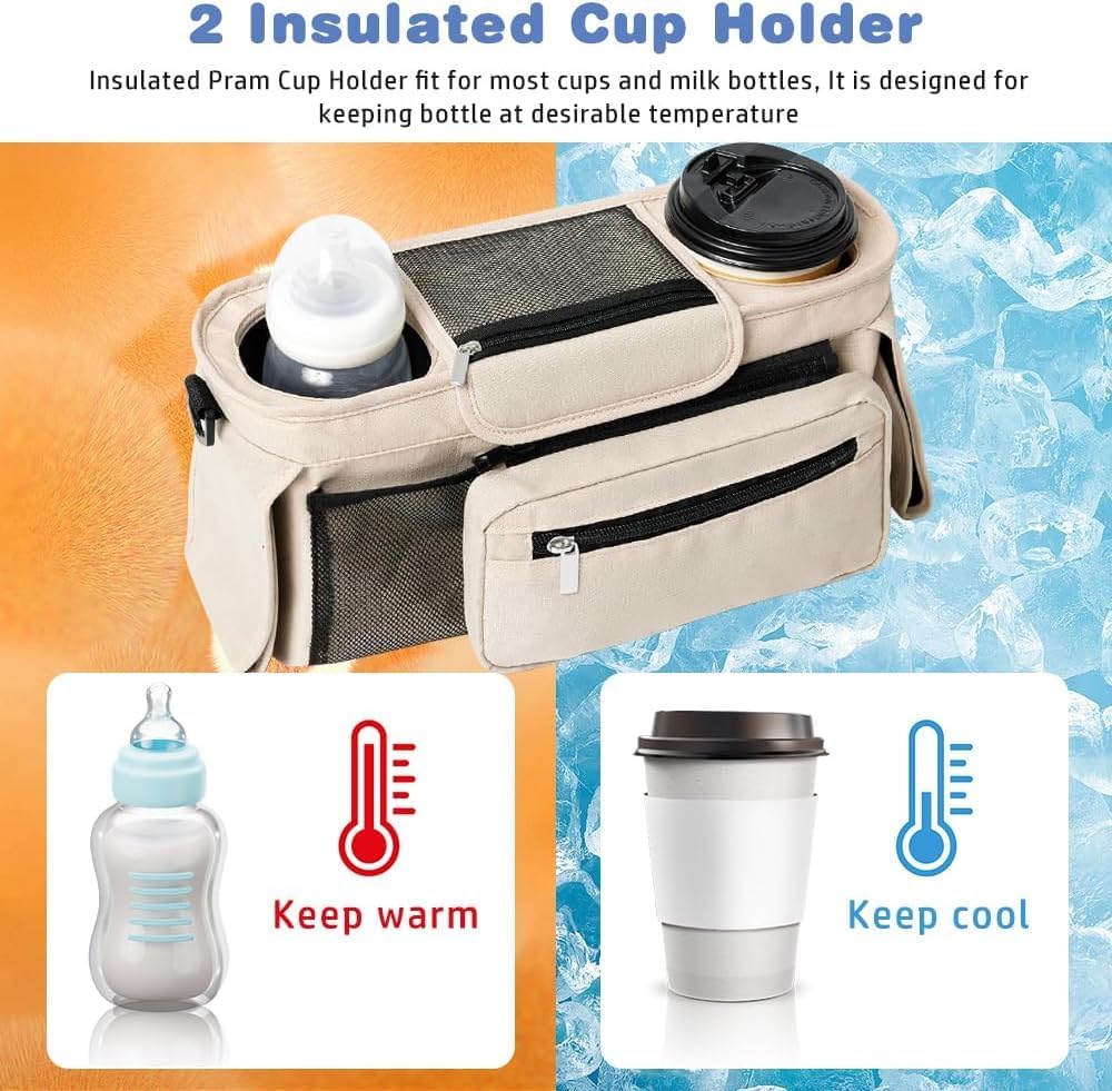 Baby Stroller Organizer, Universal Stroller Organizer with Detachable Phone Bag, Stroller Caddy with 2 Insulated Cup Holders, Buggy Organizer Bag with 2 Hooks Fits Most Strollers (Balck)