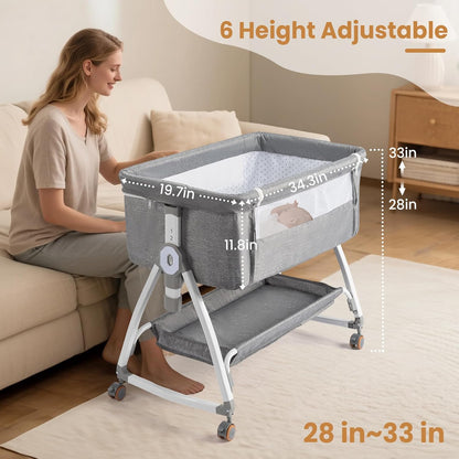 JOYMOR 3 in 1 Baby Bassinet, Bedside Bassinet for Baby, with Comfy Mattress and Wheels, 6 Height Adjustable Easy Folding Portable Bedside Crib for Newborn (Black)