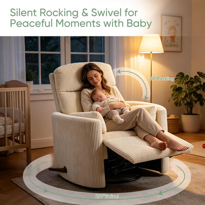 Oversized Swivel Rocker Recliner Chair with Heat and Massage, Rocking Chair with Adjustable Headrest, Manual Recliner, Glider Recliner with 2 Pillows, Chenille White
