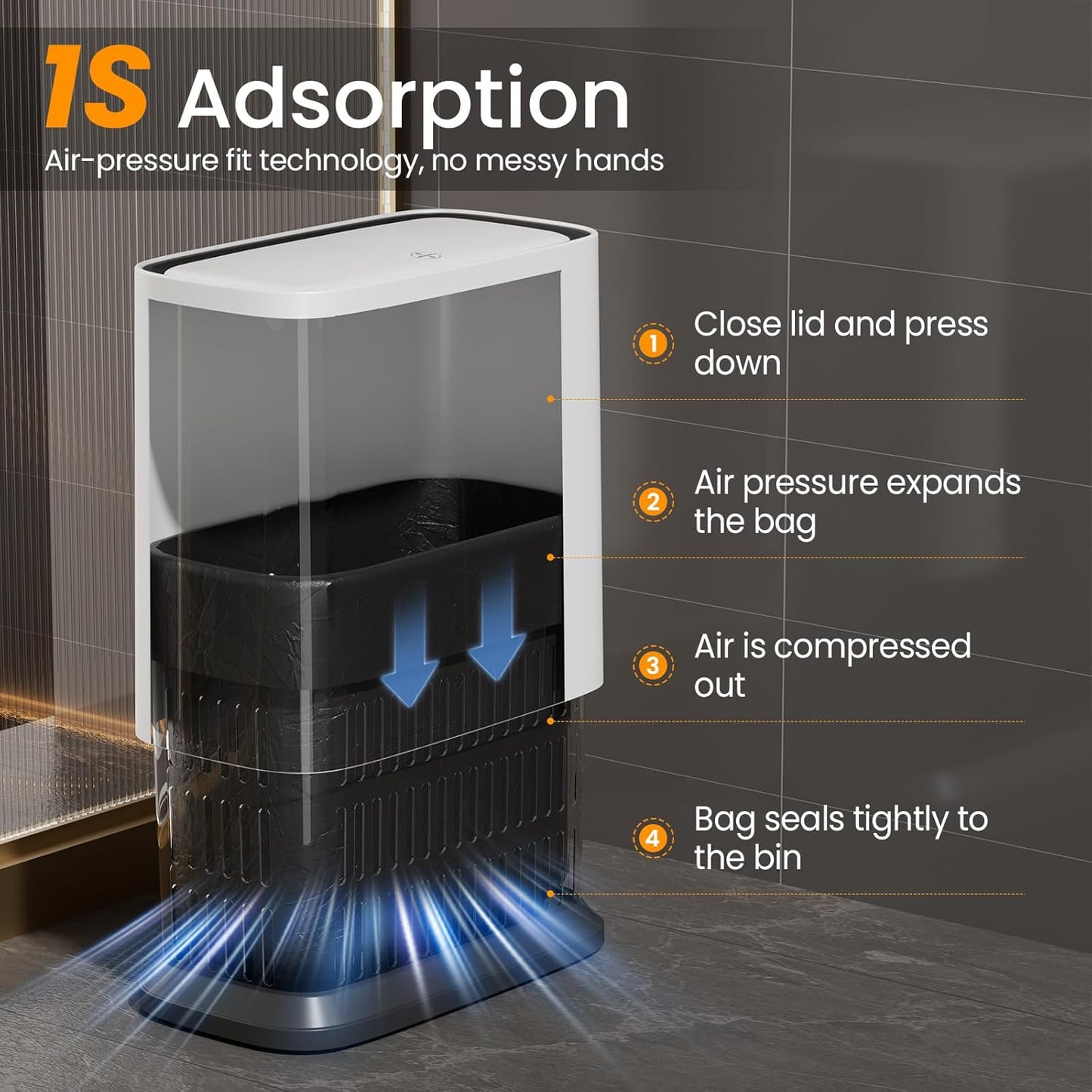 Small Bathroom Trash Can with Lid, 8L / 2.1 Gallon Narrow Garbage Bin with Wheels, Air-Press Bag Expander & Inner Bucket, Press Top Wastebasket for Bedroom, Office, Toilet, Odor Sealing Diaper Pail